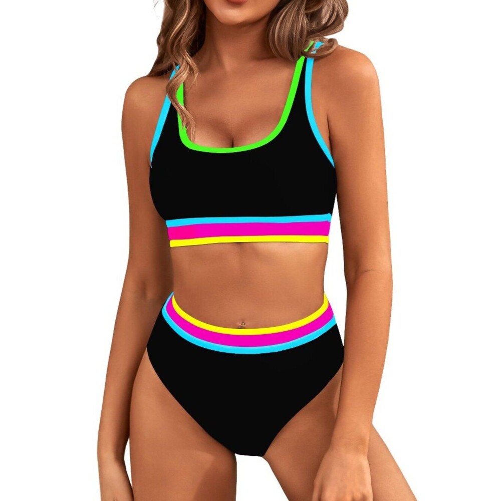 Women's High Waisted Bikini Sets Tummy Control Two Piece Swimsuits Color Block